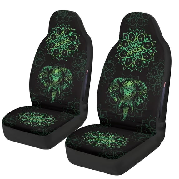 POLERO Polyester Front Car Seat Covers for Auto, Washable Stretchy Driver Seats Protector Cushion, Green Elephant Mandala