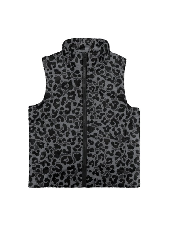 Polyester Girls Jacket with Warm, Black Leopard Print Pattern Lightweight Kid Outerwear Vest for Winter Fall