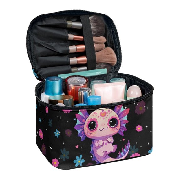 POLERO Polyester Makeup Bag with Roomy Pocket, Salamander Floral Design Portable Make up Organizer for Travel Outdoor Camping Trips