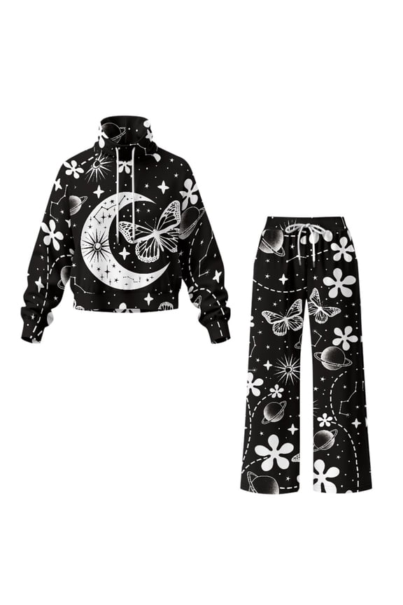 Polyester Spandex Two Piece Sport Set for Outdoor City Trip Weekend, Drawstring Wide Leg Women's Tracksuit Set, Astral Butterfly