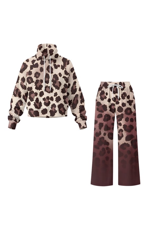 Polyester Spandex Two Piece Tracksuit for Weekend Walking Travel, Drawstring Stylish Lounge Sets, Leopard Print Pattern