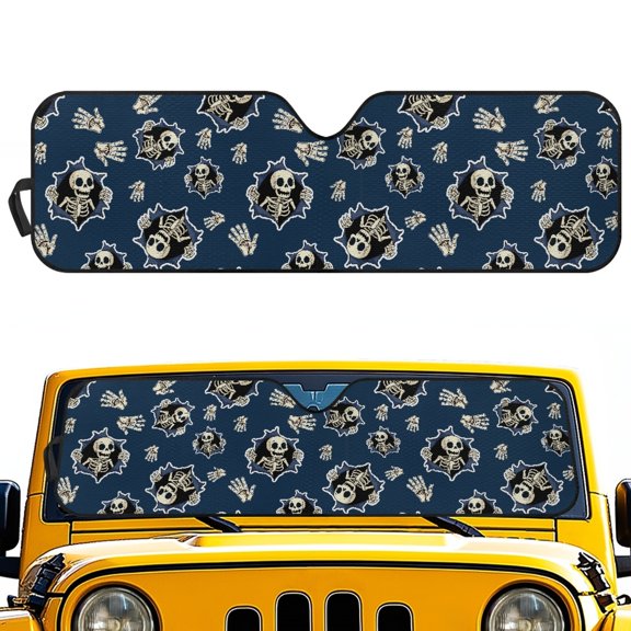 POLERO Polyester Windshield Sun Shade for Off-road Interior Block 98% Harmful UV Rays Easy Open Install 52.95x16.14 Inches, Playful Skeleton Breakout Pattern