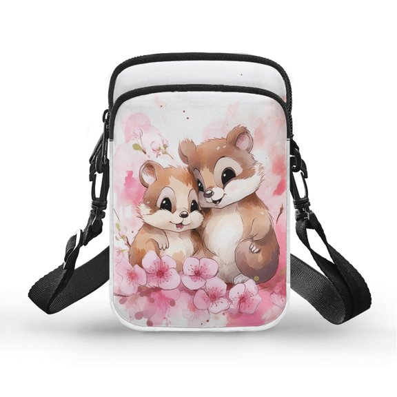 POLERO Portable Cell Phone Purse for Travel Daily Use, Polyester 2 Layer Crossbody Bag, Squirrel Sakura Print