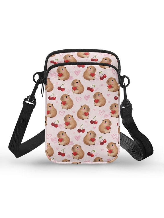 Portable Crossbody Bag for Travel Daily Use, Polyester Adjustable Shoulder Strap Cell Phone Purse, Capybara Cherry Theme