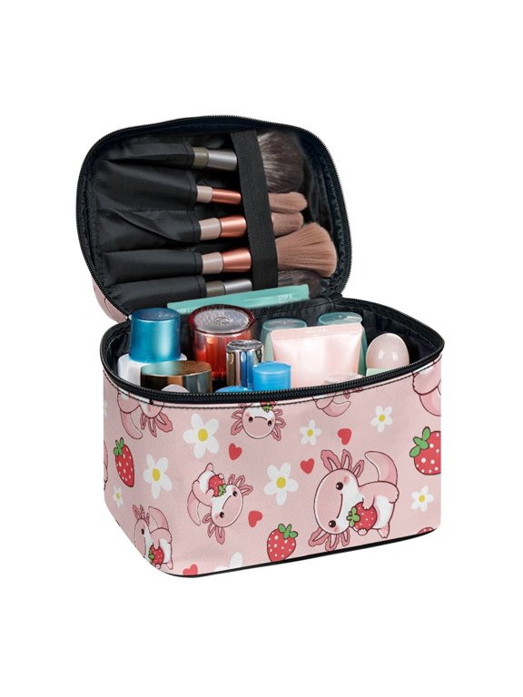 Portable Make Up Case Organizer for Travel Office, Strawberry Pattern Polyester Lightweight Makeup Organizer Case for Ladies