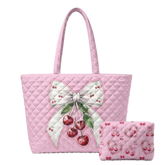 POLERO Portable Quilted Tote Handbag with Matching Wallet, 2 Pcs Lightweight Polyester Set for Daily Travel and Outings, Cherry Bow Print