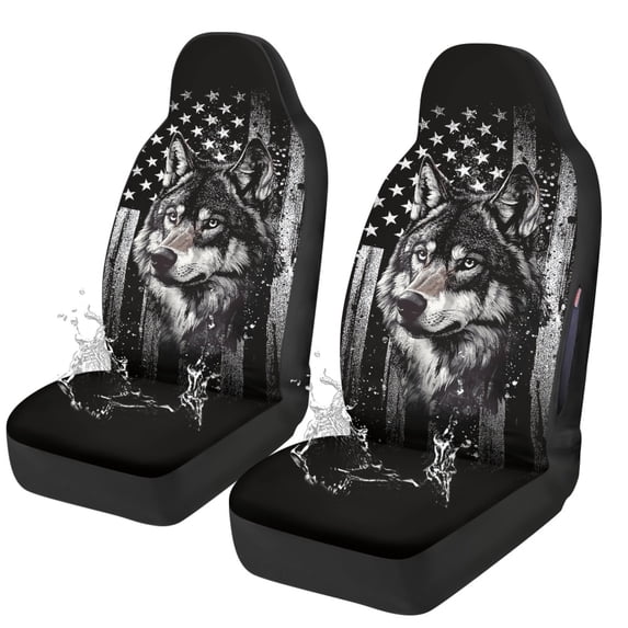 POLERO Protective Car Seat Covers for Automotive, Polyester Fabric Elastic Auto Front Seat Covers, 2-Pack American Flag Wolf