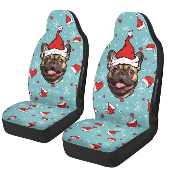 POLERO Protective Car Seat Covers for Automotive, Polyester Fabric Elastic Auto Front Seat Covers, Christmas French Bulldog