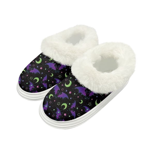 POLERO Purple Bats Moon Print Fuzzy Slippers for Women Indoor Soft Plush Lining, Comfort Thick Sole Warm Winter House Shoes for Home Bedroom, Size 7-8