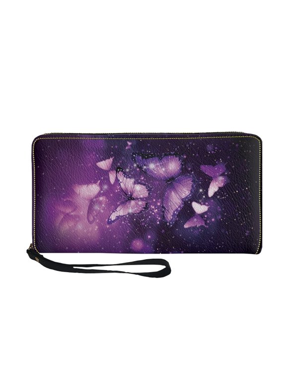 Purple Butterfly Pattern Handbag, Zip Around PU Leather Long Wallet for Travel Business, Metal Zipper Long Purse
