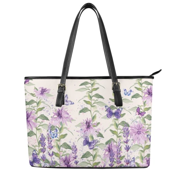 POLERO Purple Floral Tote Bag, Leather Saddle Handbag for Work, Casual Lightweight Hobo Shoulder Bag