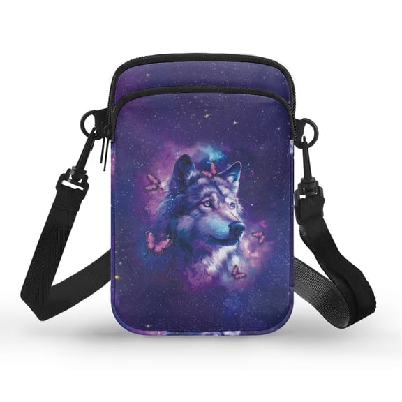 POLERO Purple Galaxy Wolf Print Mini Crossbody Case, Casual Cell Phone Purse Zipper Cellphone Purse for Shop Running