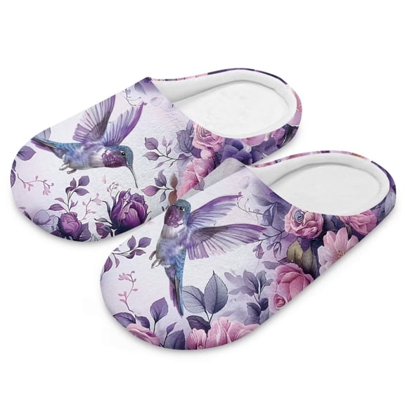 POLERO Purple Hummingbird Rose Print Slippers for Women Memory Foam House Bedroom Closed Toe Indoor Slipper Shoes Comfy Trendy Gift Slippers, Size 10.5-11.5