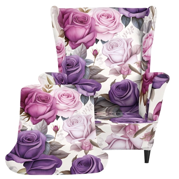 POLERO Purple Pink Rose Stretch Polyester Wingback Chair Slipcover with Non-slip, Elastic Bottom Wingback Chair Cover for Living Room Home