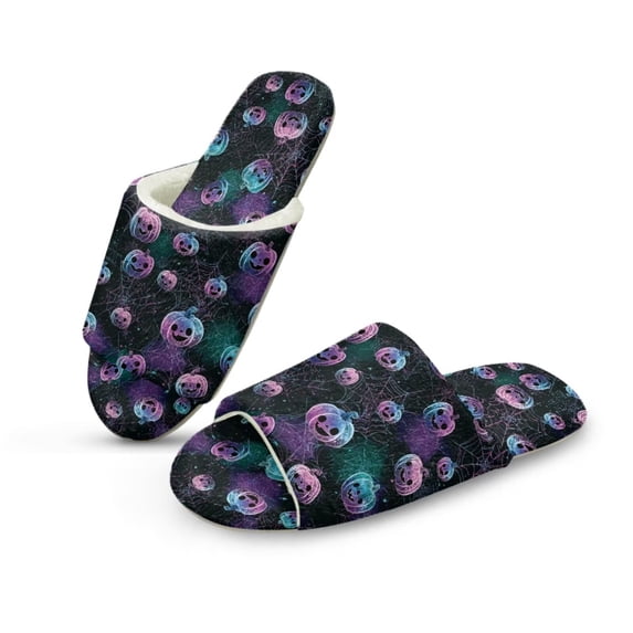 POLERO Purple Pumpkins Print Women's House Slippers Open Toe Slide Soft Sole Halloween Indoor Slippers for Women Men Home Shoes, Size 6-7