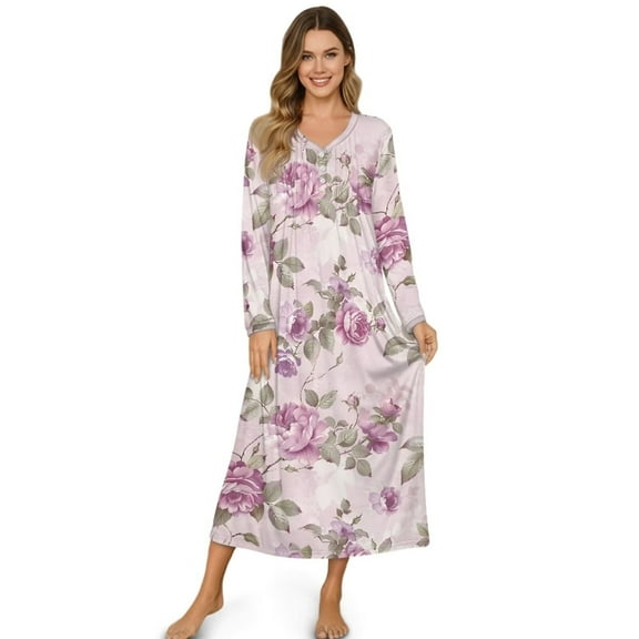 POLERO Purple Rose Flower Print Long Nightgowns for Women, Soft Comfy Lightweight Nightgown Long-sleeve Nightdress Sleepwear Full Length House Dress, XL