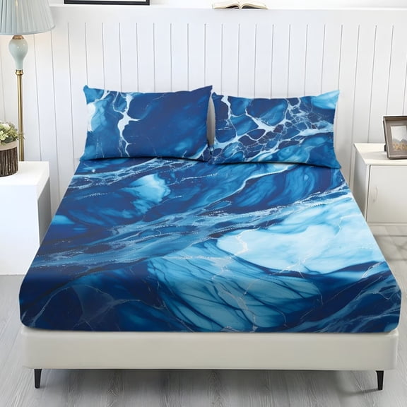 POLERO Queen Size Sheets Set Nonslip Blue Marble Bedding Fitted Sheet 3Pieces Stretch East Fit All-Season Sheets & Pillowcase Set Washable Home RV Decor Accessories