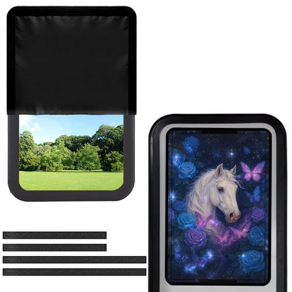 POLERO RV Door Window Shade Cover, Foldable Sun Shade Windshield Blackout Shower Curtains Coverage Accessories Fits for Most RV Interior Door, Blue Rose Butterfly Horse (17.3" X 26")