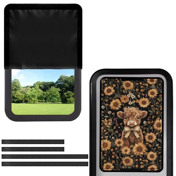 POLERO RV Entry Door Window Shade Sunshade Hook and Loop Fastener Camper Privacy Entrance Sun Blackout Fabric 17.3" x 26" (Cute Highland Cattle Sunflower)