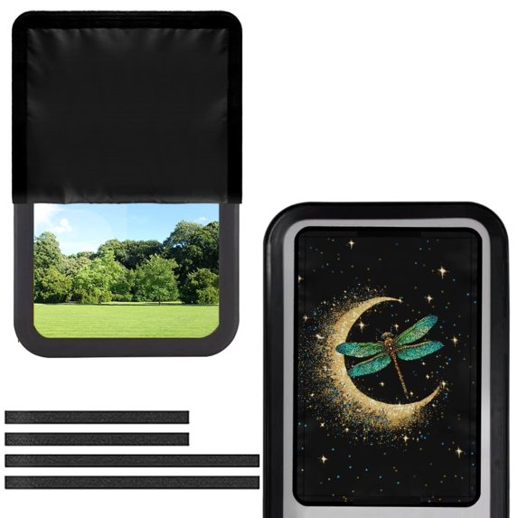 POLERO RV Entry Door Window Shade Sunshade Hook and Loop Fastener Camper Privacy Entrance Sun Blackout Fabric 17.3" x 26" (Green Dragonfly Moon Stars)