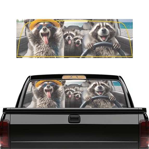 POLERO Raccoon Driving Pattern Vinyl Pickup Car Window Stickers, 66.9" x 22.4" Perforated Smooth Touch Truck Rear Window Decal for Most Pickup Trucks