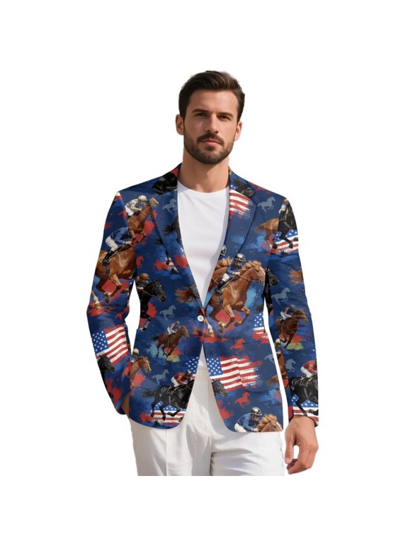 Racing Horse American Flag Sport Coat Suit for Mens Patriotic Blazer Jacket One Button Kentucky Derby Blazer Suit for Casual Holiday Party