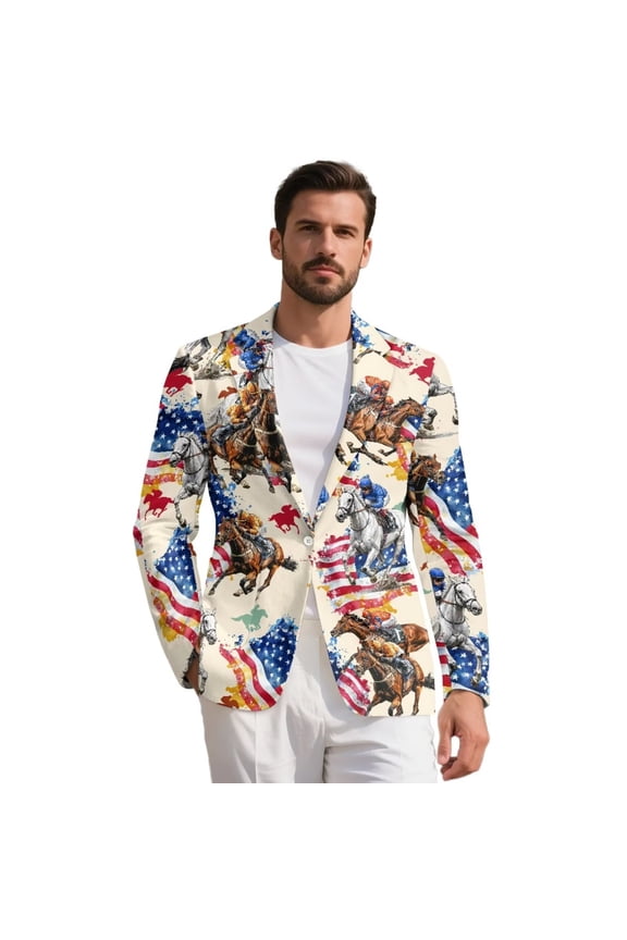 Racing Horse Blazers for Men American Flag Suit Jacket Open Front Patriotic Sport Coat for 4th of July Anniversary Long Sleeve Tuxedo Jacket Regular Fit