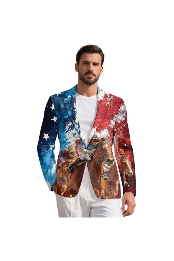 Racing Horse Print Mens Casual Suit Blazer Lightweight American Flag Sport Coats Business Suit Jacket for Kentucky Derby Party