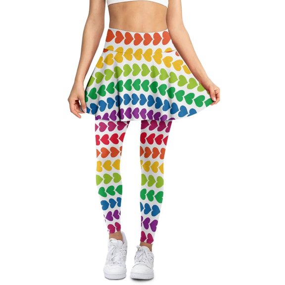 POLERO Rainbow Love White Flare Skirts with Full Length Tennis Leggings for Women Fashion Casual Yoga Pants Athletic Skirt with Pockets Tummy Control Flare Yoga Legging Trouser Clothes