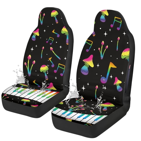 POLERO Rainbow Mushroom Music Front Automobile Seat Cover, Set of 2 Polyester Stretchy Seat Protector for Car Interior Accessories