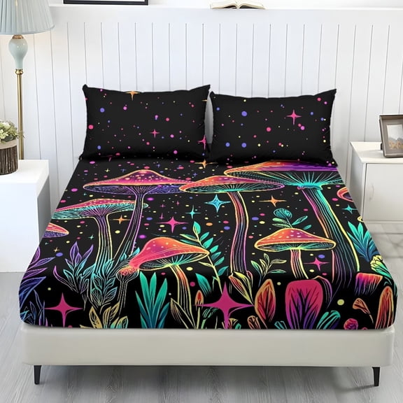 POLERO Rainbow Mushroom Sheet Set King Size Cooling Fitted Bottom Sheets Stretch Wrinkle Free 3Pieces Bedding Set with 1 Fitted Sheet and 2 Pillowcases Bedroom Decor for Women