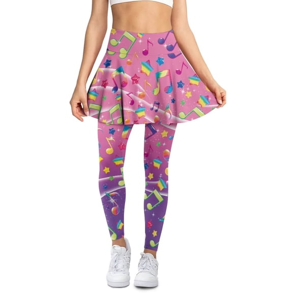 POLERO Rainbow Music Notes Star Pink Yoga Skirt with Leggings for Women Skirted Athletic Pants Butt Lifting Workout Sports Legging with Skirts High Waisted Full Length Running Leggings