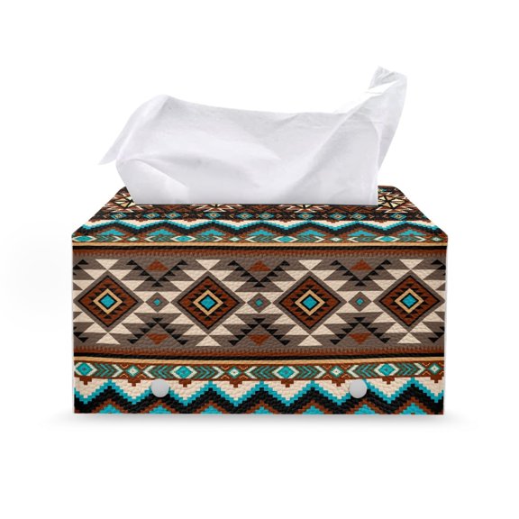 POLERO Rectangle Tissue Box Cover, Southwestern Geometric Pattern Waterproof with Buttons Rectangular Cuboid Tissue Box Cover for Home, PU Leather Car Tissue Case
