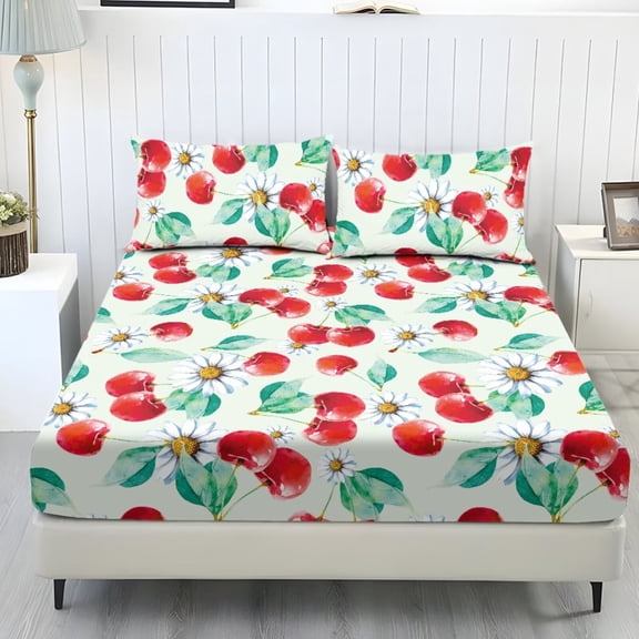 POLERO Red Cherry Bedding Fitted Sheet King Size Easy Care Bed Sheets & Pillowcases Set Fade Resistant Fitted Bed Sheet with All Around Elastic for Home Decoration