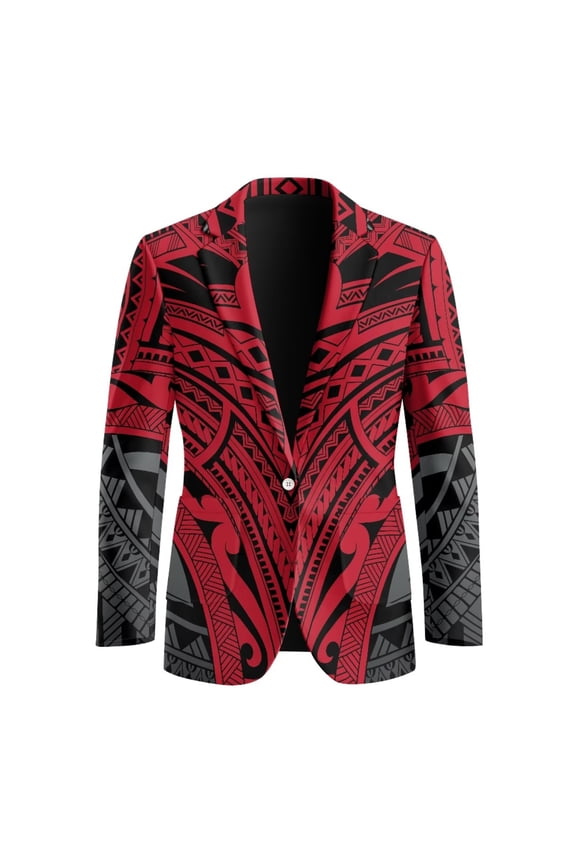 Red Grey Polynesian Samoa Men's Regular Fit Blazer Jackets Suit Breathable Open Front Sport Coat Long Sleeve Blazer for Daily Business Prom Party,S