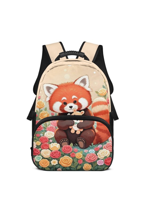 Red Panda Rose Print Large Capacity Backpack, Polyester Adjustable Shoulder Strap Waterproof School Bag for Travel Outdoor