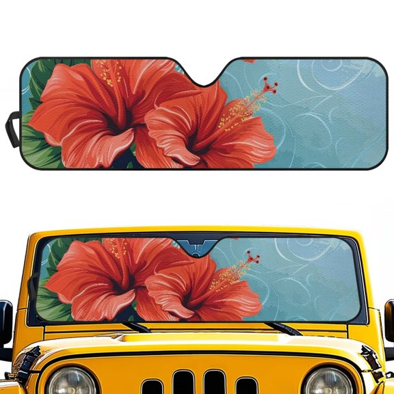 POLERO Red Tropical Hibiscus Flower Windshield Sun Shade for Car Off-road Vehicle (52.95x16.14 Inches), Sun Shade Windshield, Shades for Front Windows, Protector Blocks UV, Fashion Car Decor