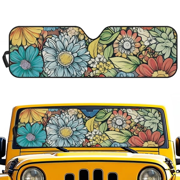 POLERO Retro Daisy Front Windshield Sun Shade Foldable Front Window Sun Shield Visor Fit for Off-road Vehicle Block UV Rays Car Accessories Heat Keep Car Cooler
