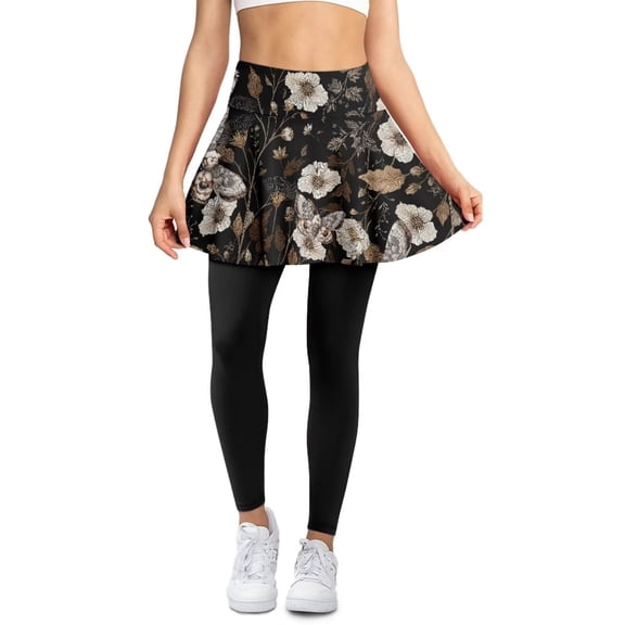 POLERO Retro Flower Black Skirted Leggings for Women Ruffle Pleated Running Pants with Pockets Tennis Yoga Skirt with Leggings for Golf Workout Pickleball Sports Gym