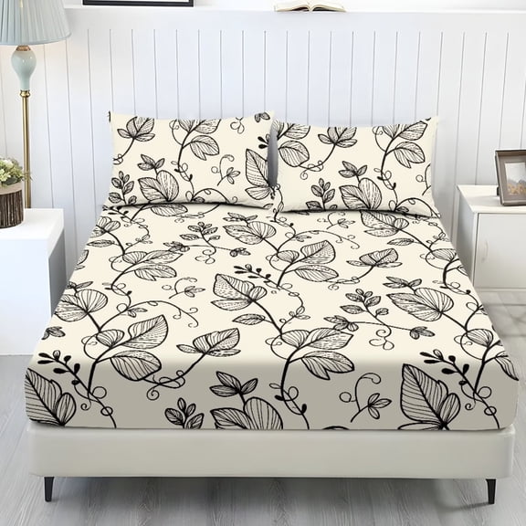 POLERO Retro Leaf Sheet King Size Cozy Bedding Fitted Sheet Breathable Snug Fit All Around Elastic 1 Fitted Sheet and 2 Pillowcases Non-Fading Bedding 3 Pieces Set