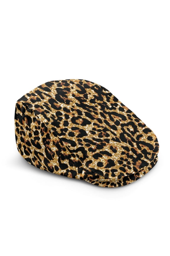 Retro Newsboy Hat for Driving Street, Glitter Leopard Print Polyester Soft Flat Cap Comfort, Adjustable Soft Beret Hat All-Weather Flat Cap for Golf
