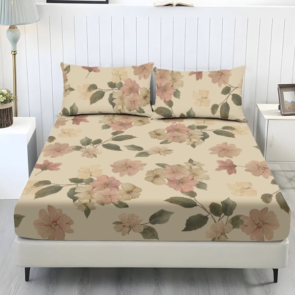 POLERO Retro Pink Floral Twin Size Sheet Set 3-Piece Cozy Cooling Sheets Standard Pockets Soft Bedding with 2 Pillow Machine Washable Lightweight Bed Set Easy to Care