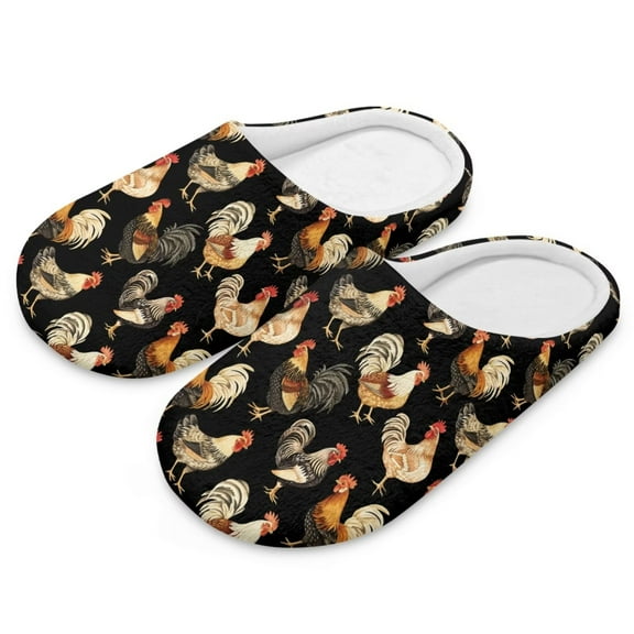 POLERO Rooster Print House Slippers for Woman Lightweight Indoor Slippers Closed Toe Slip On Bedroom Shoes with Memory Foam, Size 4.5-5.5