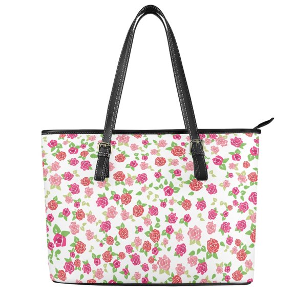 POLERO Rose Floral Print Tote Bag, Leather Saddle Handbag for Workout, Waterproof Large Capacity Hobo Handbag