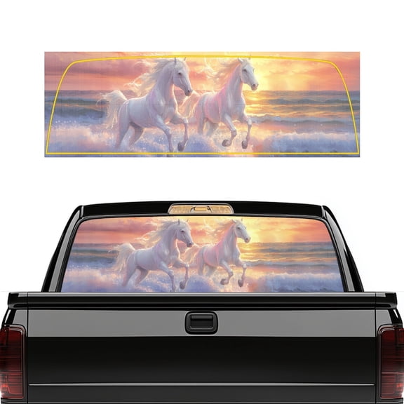 POLERO Running White Horses Sunset Car Rear Windshield Sunshade for Most Pickup Trucks, Perforated Easy to Install Vinyl Truck Rear Window Decal