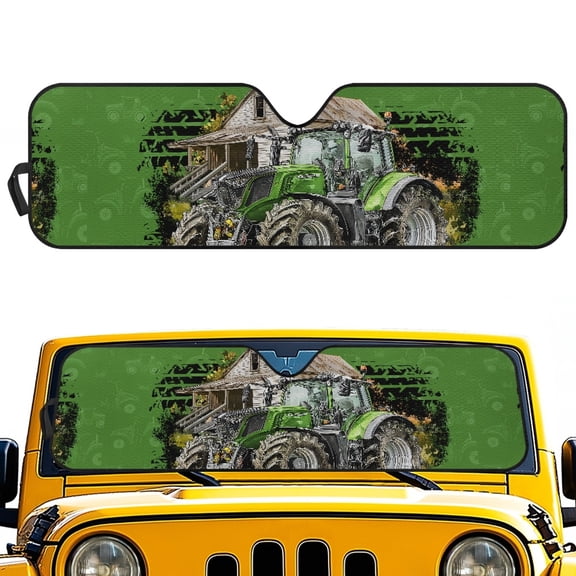 POLERO Rustic Off-Road Windshield Sun Shade with Green Tractor Farm Design - Great for Daily Parking & Road Trips