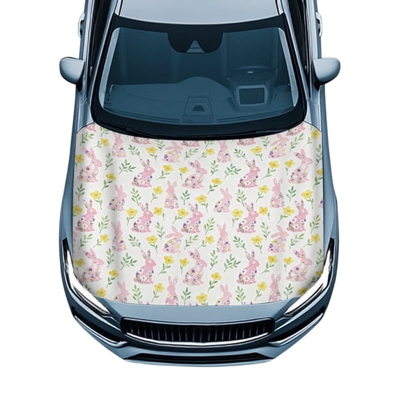 POLERO All Season Protection Hood Covers, Watercolor Floral Rabbit Pattern Car Hood Cover Swimsuit Fabric Stretch Car Hood Cover Protector for Pickup SUV Trucks