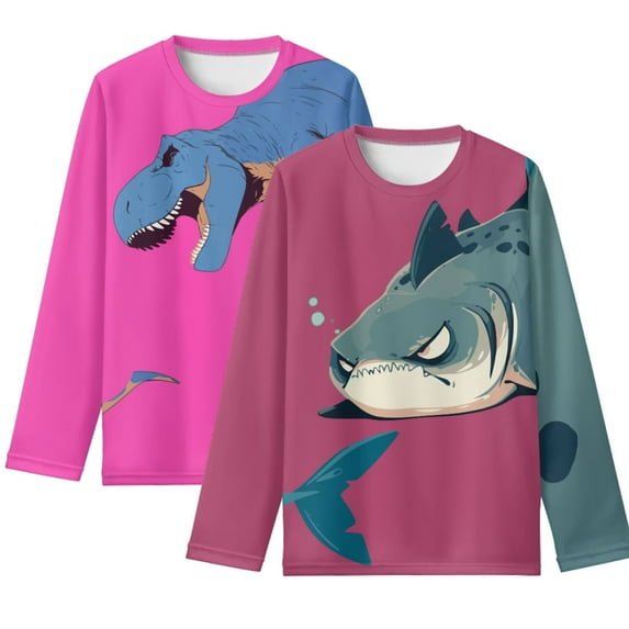 POLERO Shark Dinosaur Shirts for Toddler Girls 9-10 Years Long Sleeve Round Neck 2 Pack Pink Tops Breathable Soft T-Shirts Tees