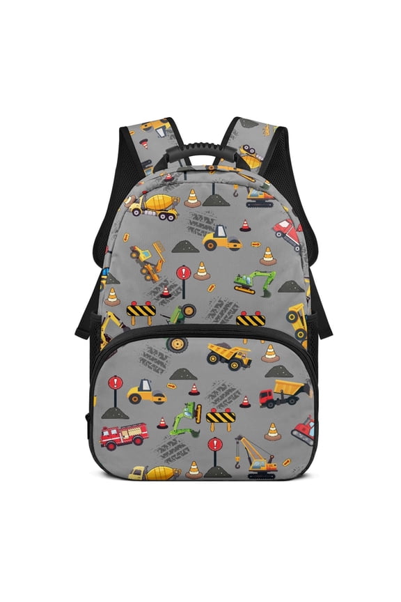 Side Mesh Pockets Travel Bags for Daypack Outdoor, Polyester Fabric Durable Bookbag, Construction Vehicles Design