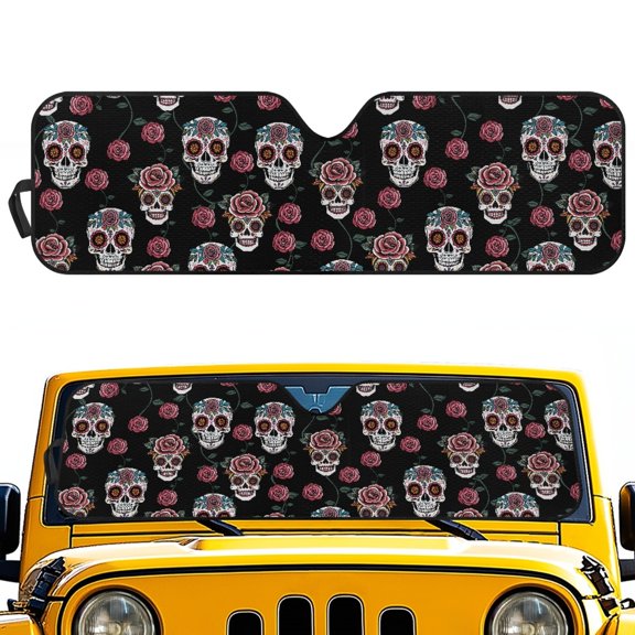 POLERO Skull and Rose Pattern Design Windshield Sun Visor Space Saving Foldable Polyester Off-Road Automobile Sun Shield 52.95" x 16.14" for All Car Owners